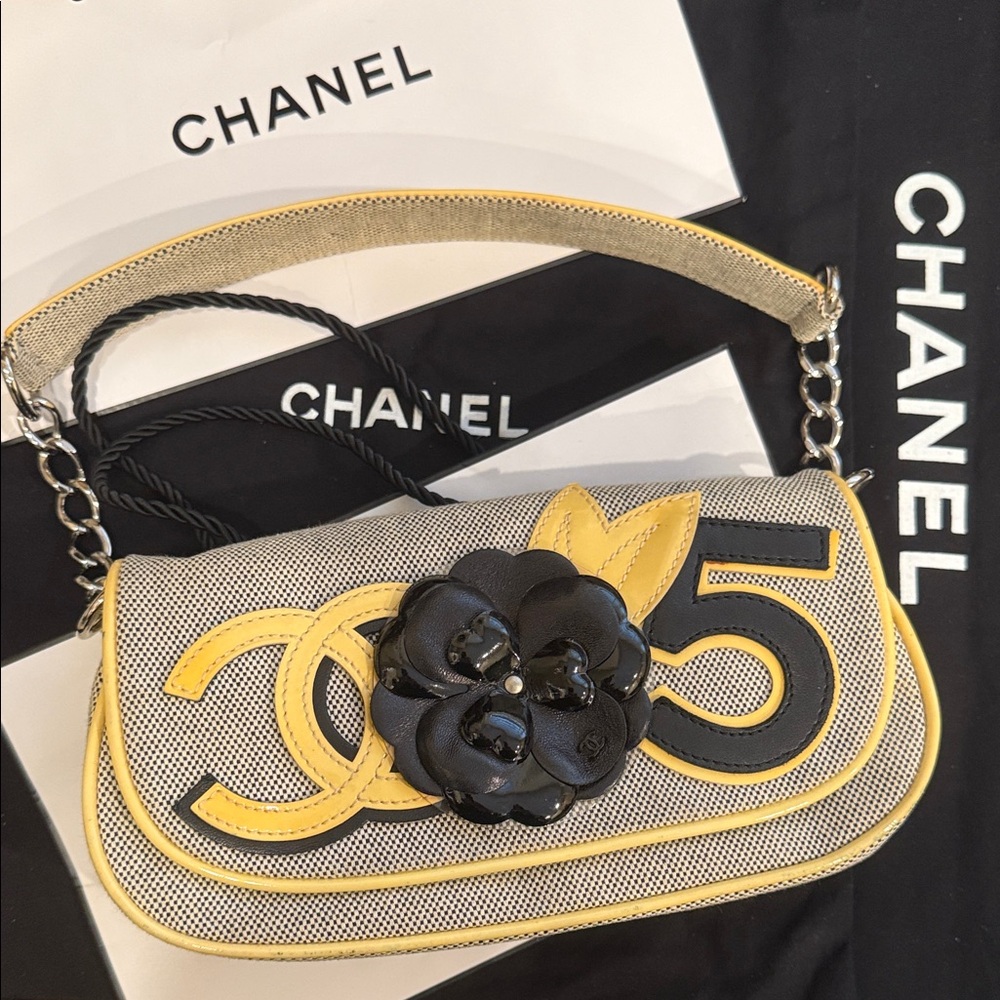 Chanel Black and Yellow Clutch with Camilla Accent